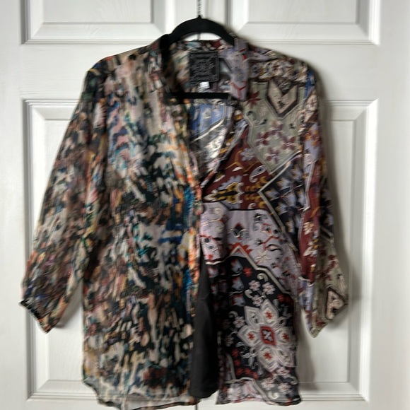 Johnny Was Silk 2 Print Button Up Blouse With Silk Cami - Picture 1 of 9